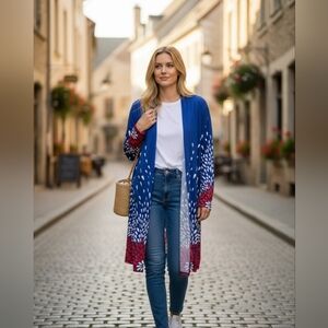Blue and Red Long Sleeve Open Cardigan